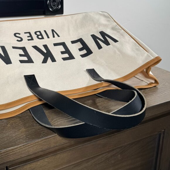 Weekend Vibes Canvas Tote Bag - Large Cream & Black Leather Handle Weekender - Picture 3 of 11